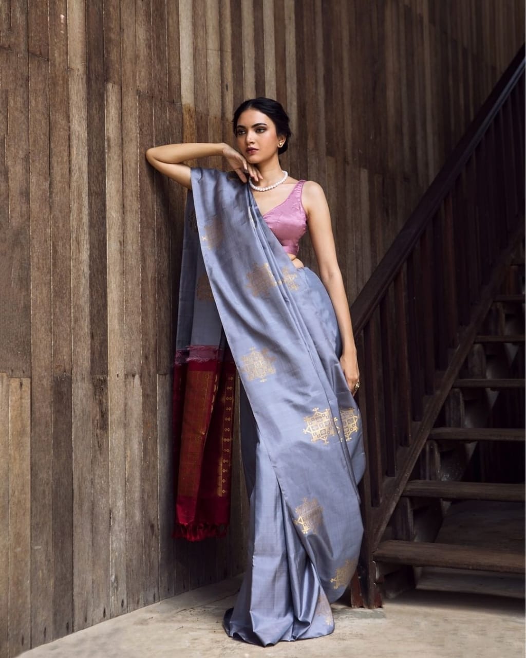 Elegant Steel Grey Silk Saree with Gold Motifs & Contrast Designer Pallu