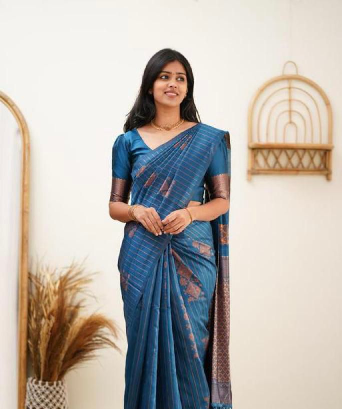 Royal Teal Blue Designer Saree with Copper Woven Pattern