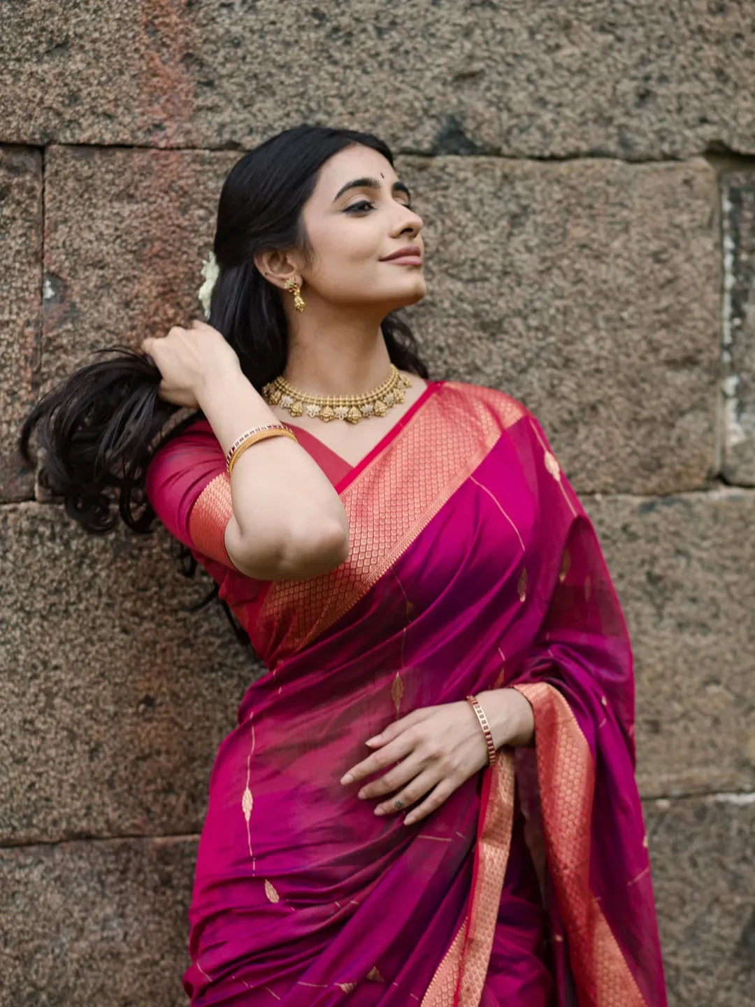 Women's Magenta Pink Silk Saree with Golden Zari Border