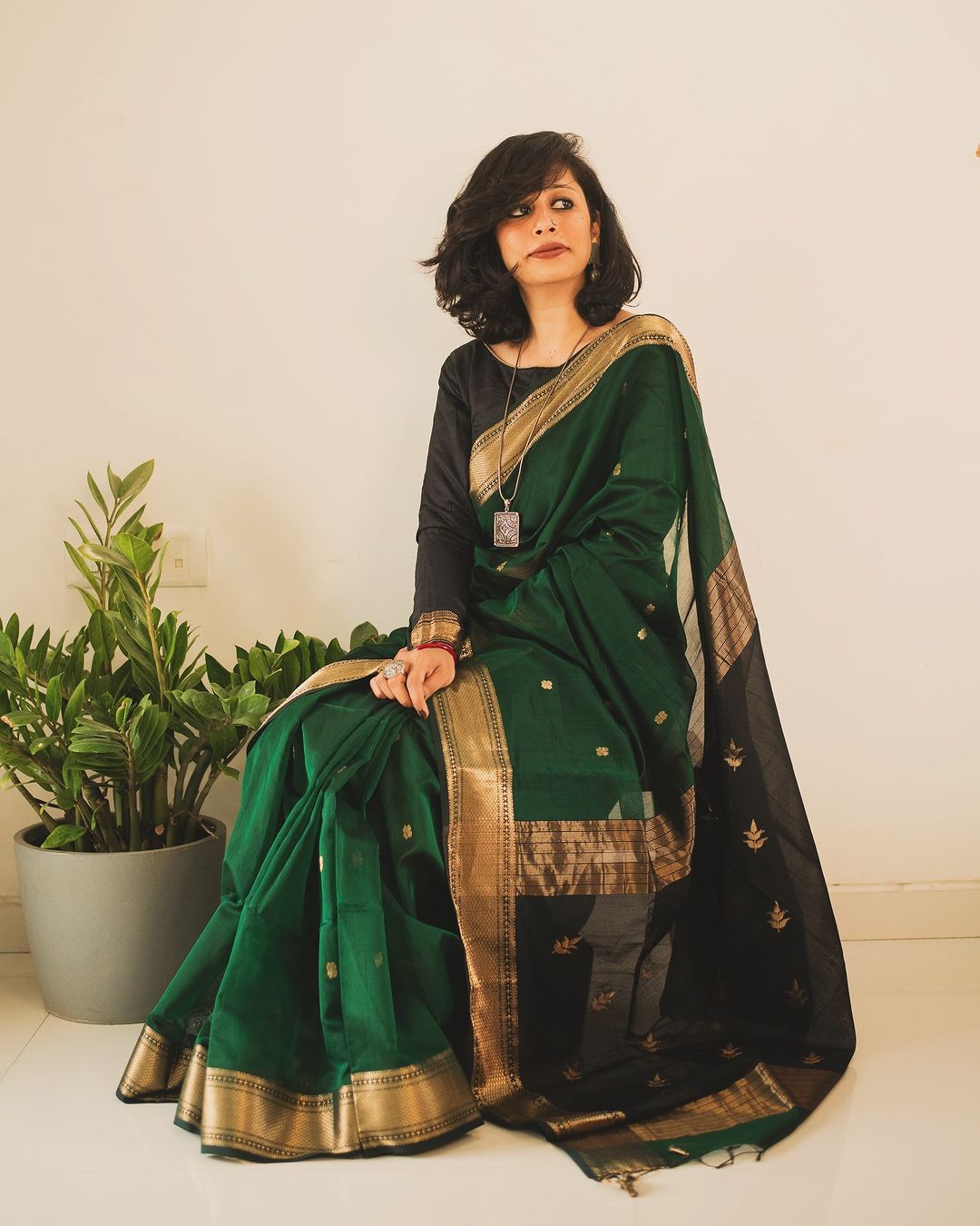 Women's Dark Green Silk Saree with Golden Zari Border