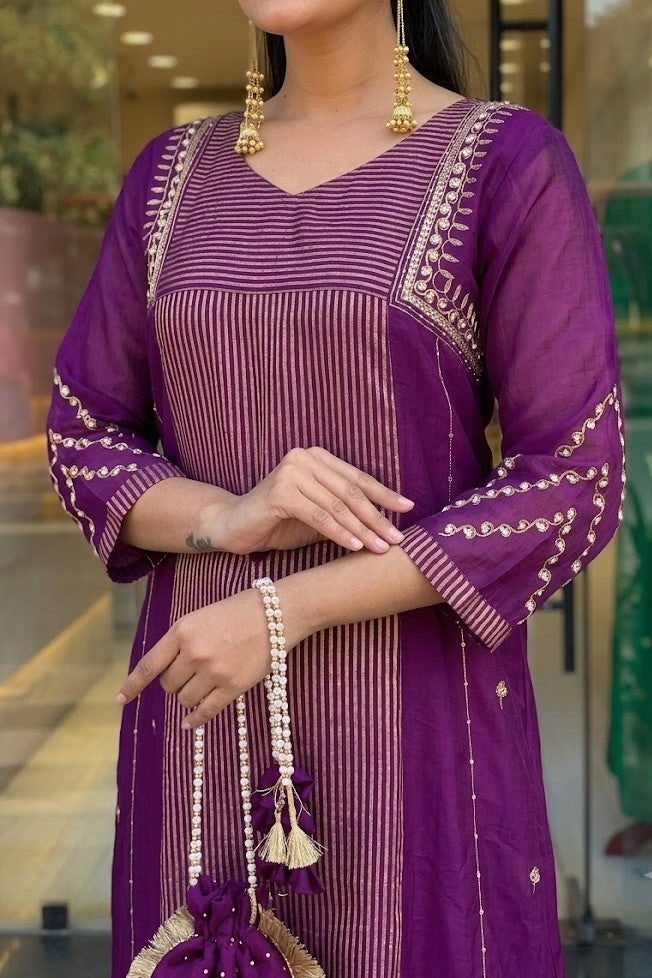 Women's Premium Deep Purple Embroidered Straight Kurta Set with Dupatta & Potli Bag