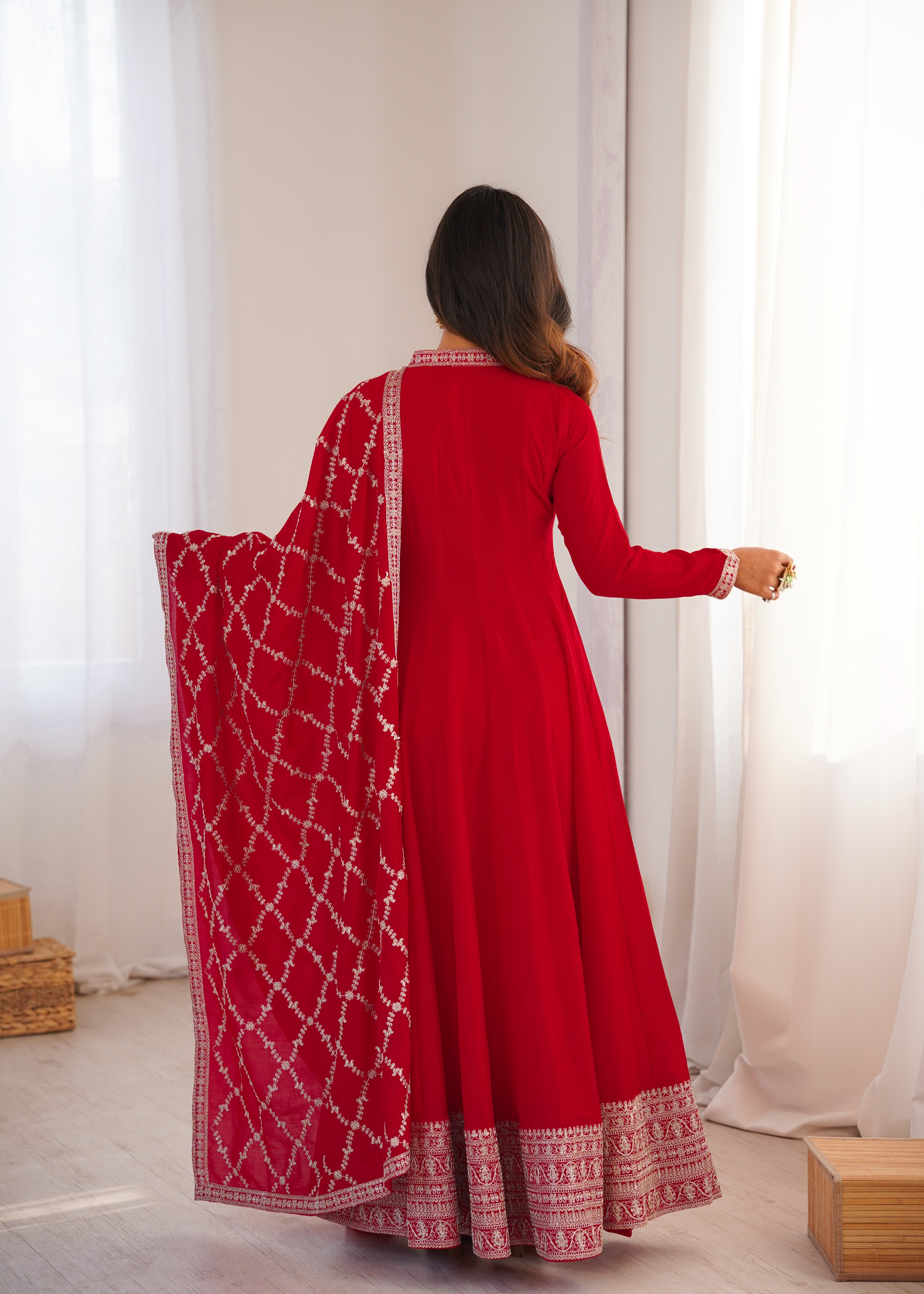 Red Embroidered Anarkali Suit Set with Dupatta – Festive & Party Wear