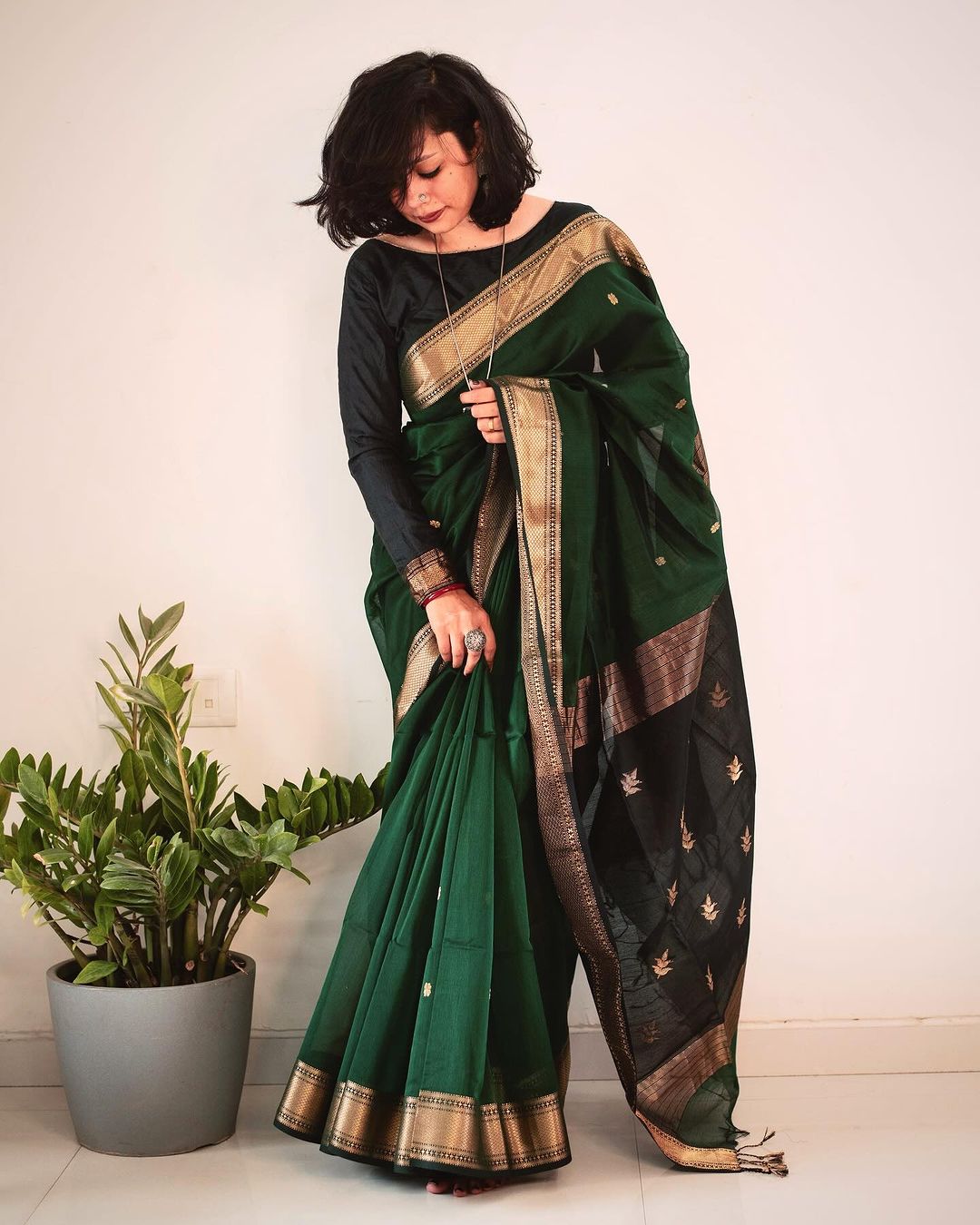 Women's Dark Green Silk Saree with Golden Zari Border