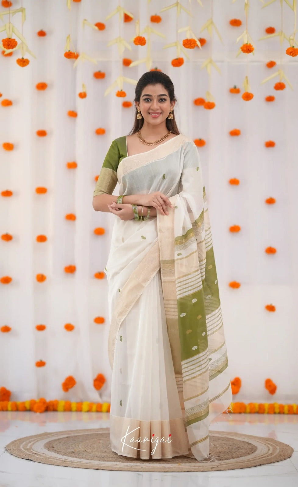 Women's White Saree with Olive Green Border