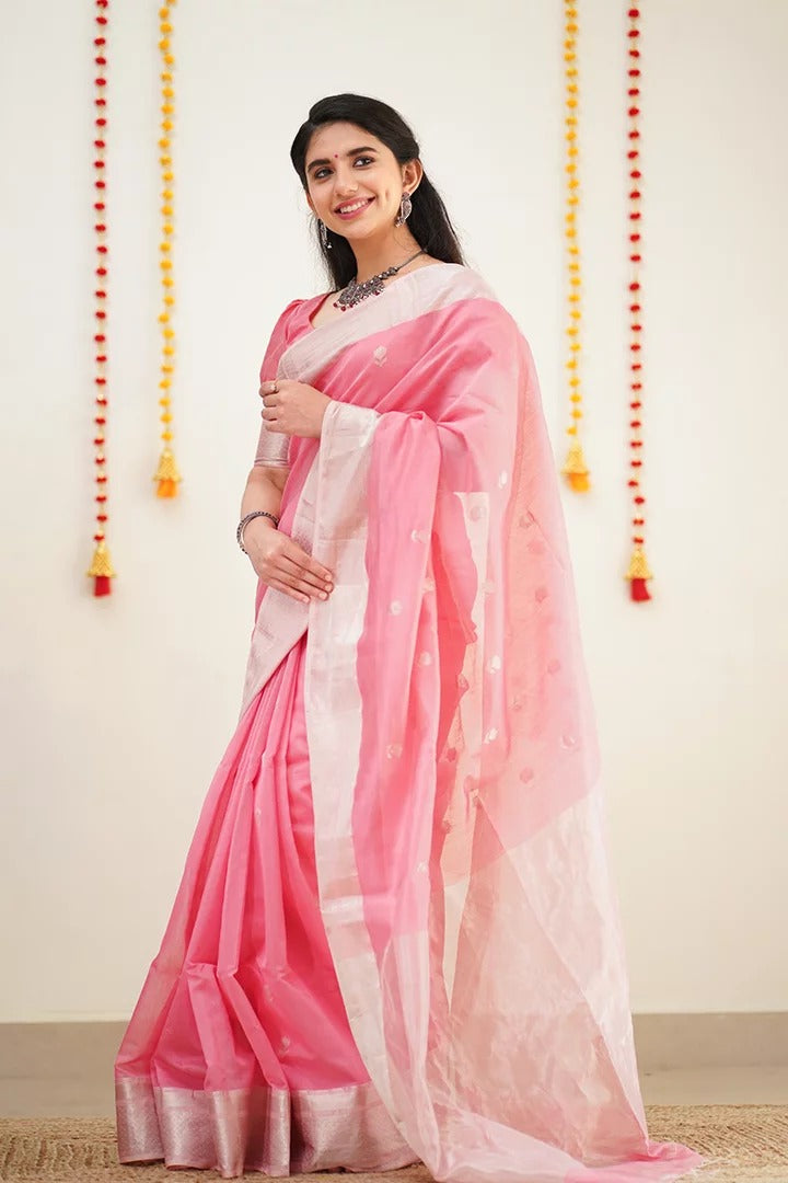 Women's Emerald Pink Saree with Silver Zari Border