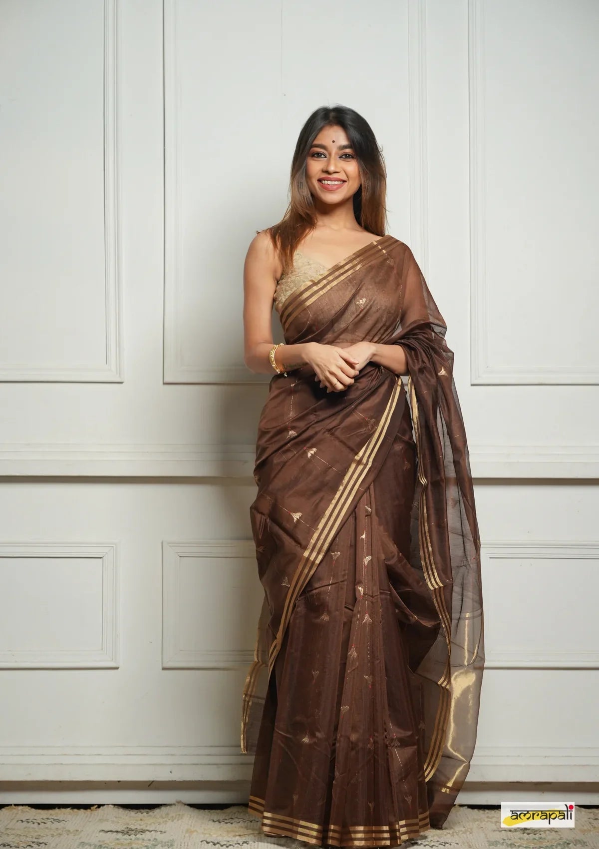 Women's Chocolate Brown Organza Saree with Golden Border