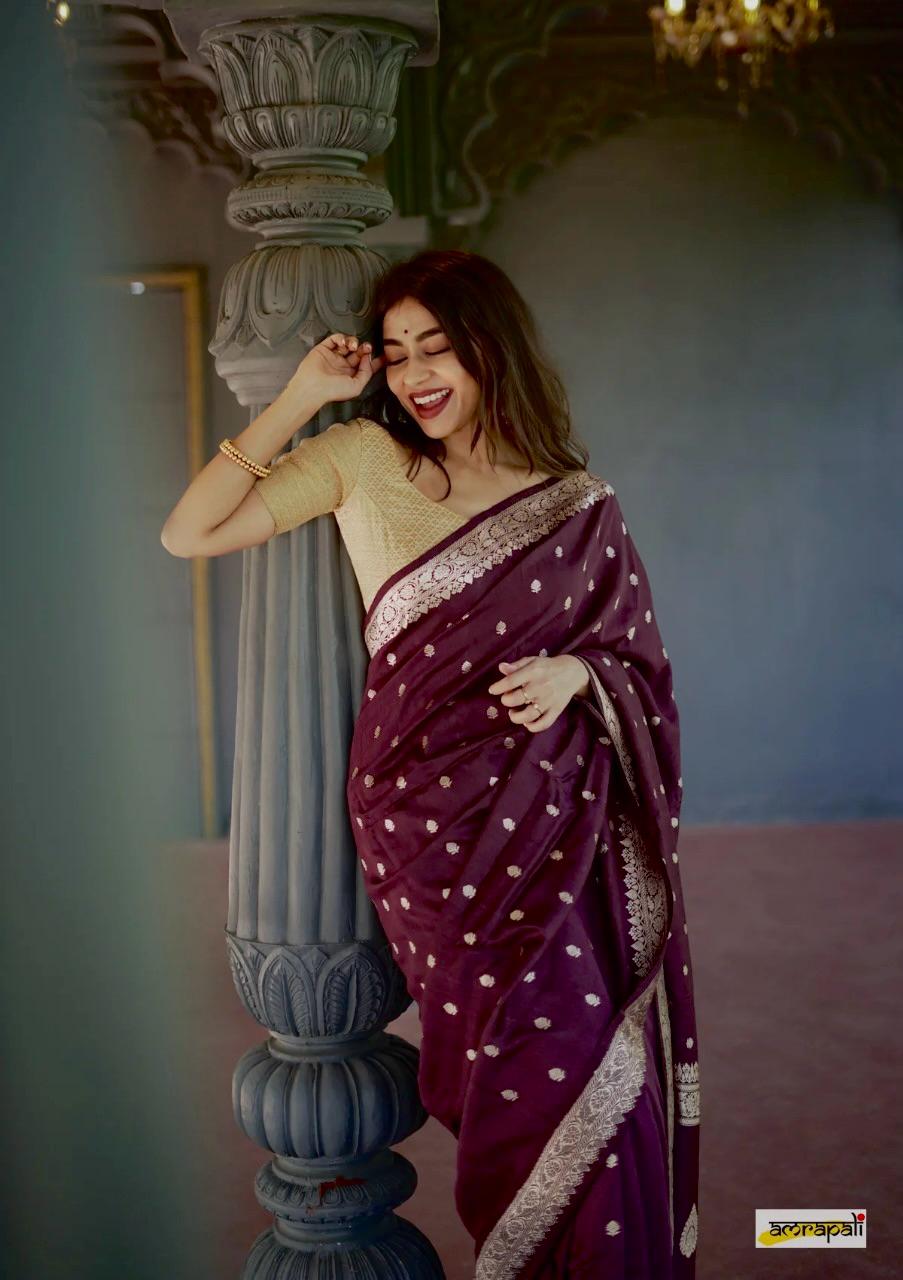 Women's Wine Silk Saree with Golden Zari Border