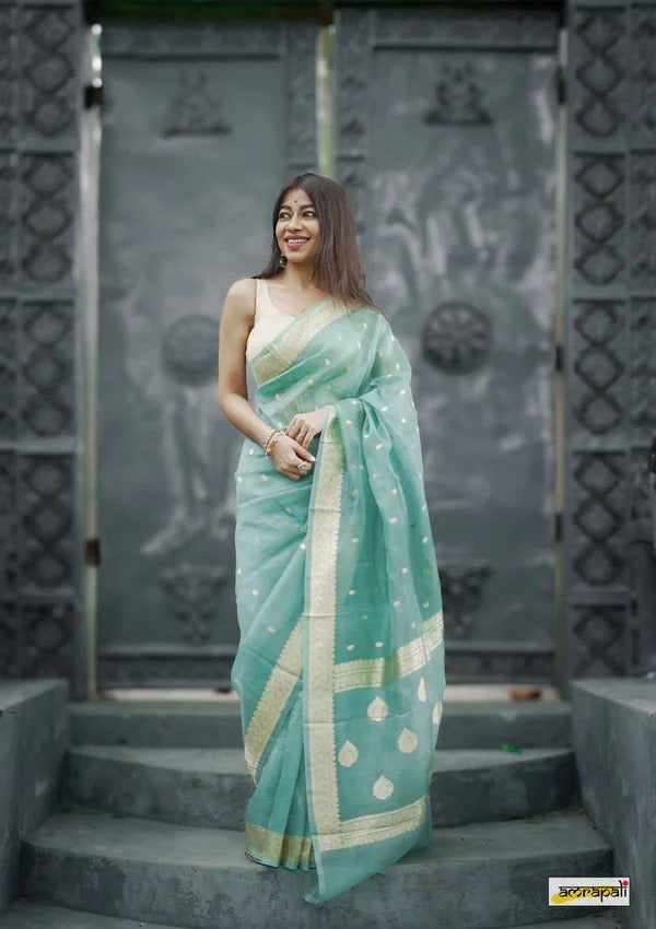 Women's Sea Green Silk Saree with Golden Zari Border