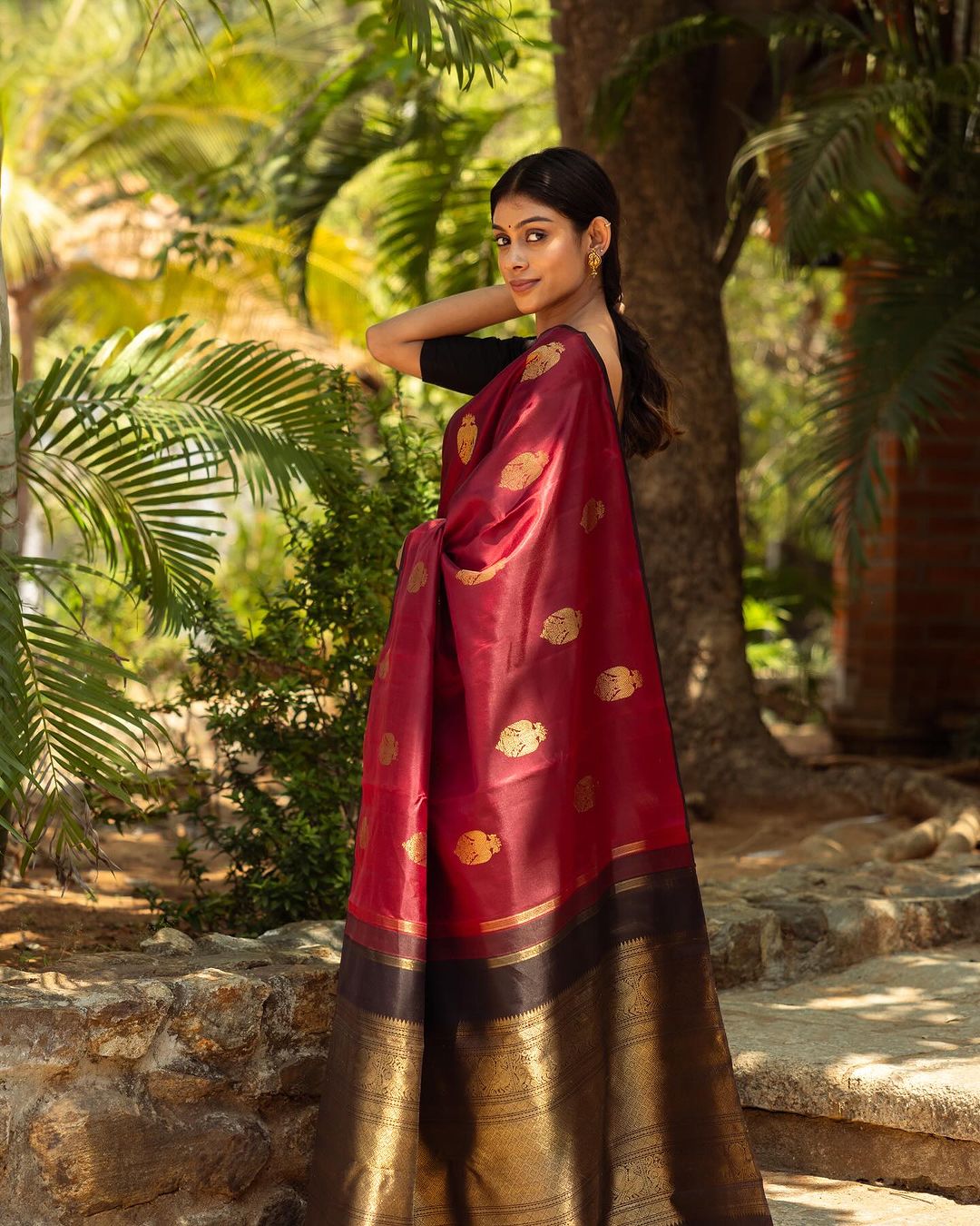 Elegant Wine Red Silk Saree with Gold Motifs & Rich Zari Border
