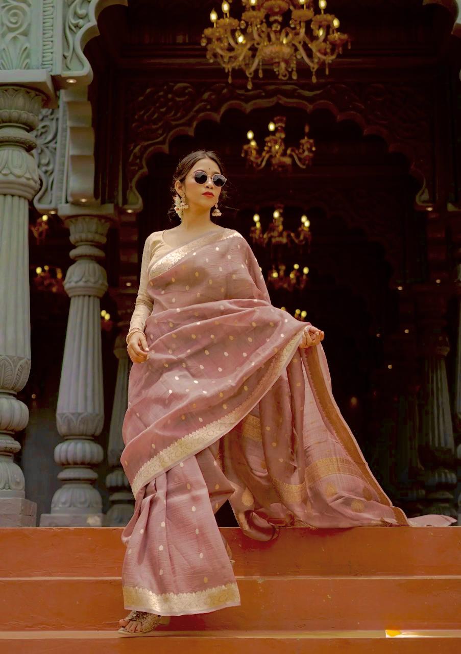 Women's Mauve Silk Saree with Golden Zari Border