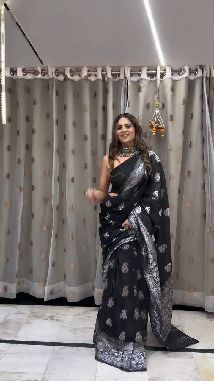 Women's Black Designer Saree with Silver Woven Motifs
