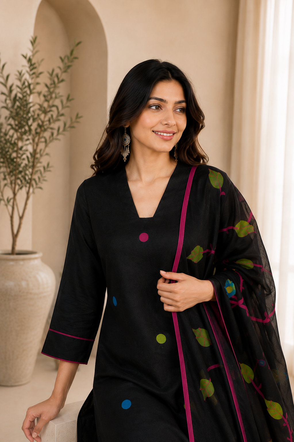 Black Printed Kurta Pant Set with Designer Dupatta