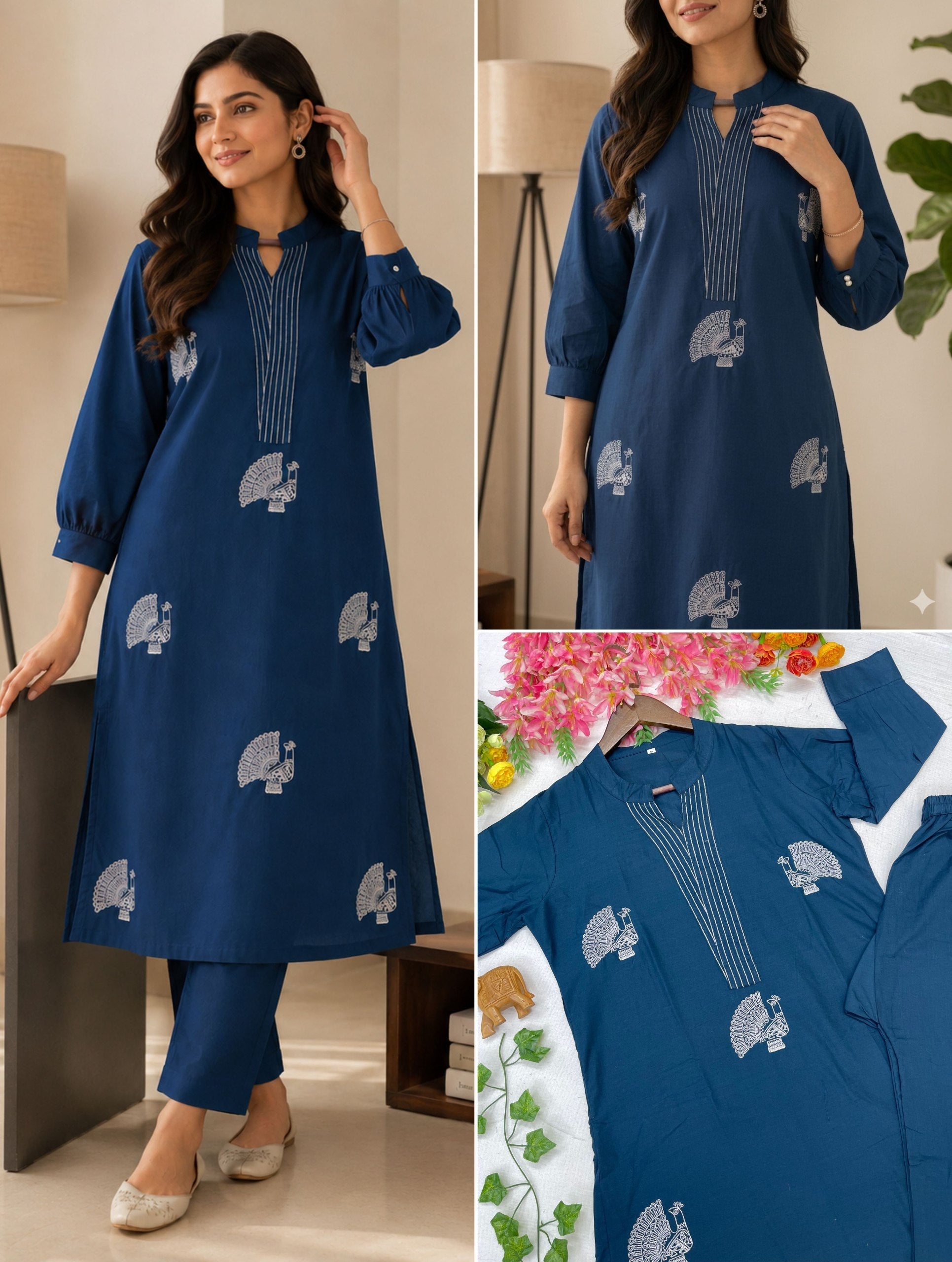 Royal Blue Peacock Print Straight Kurta Pant Set for Women