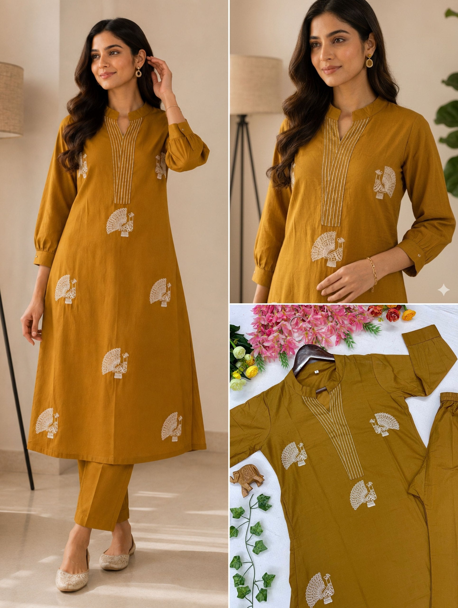 Mustard Yellow Peacock Print Straight Kurta Pant Set for Women