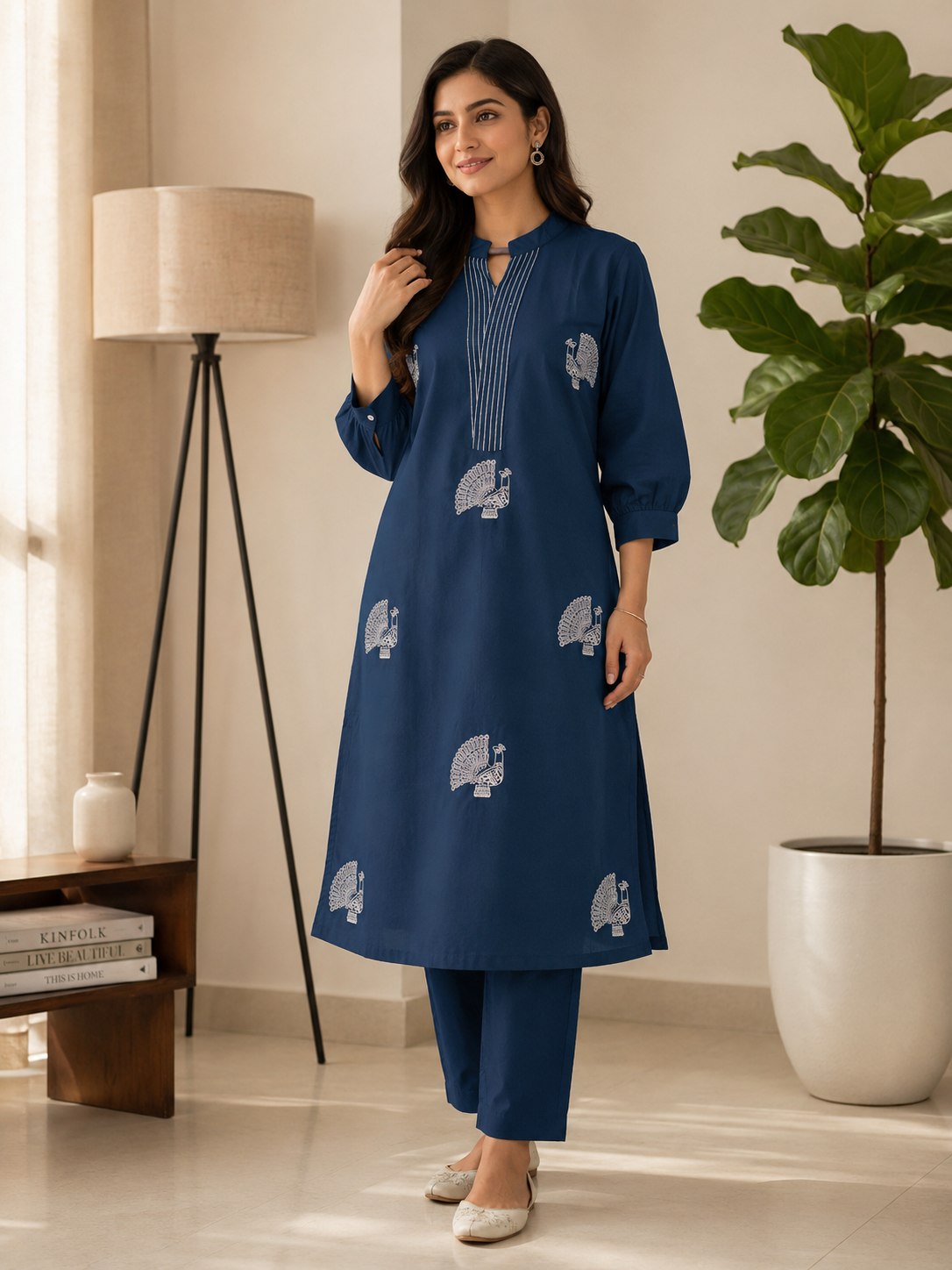 Royal Blue Peacock Print Straight Kurta Pant Set for Women