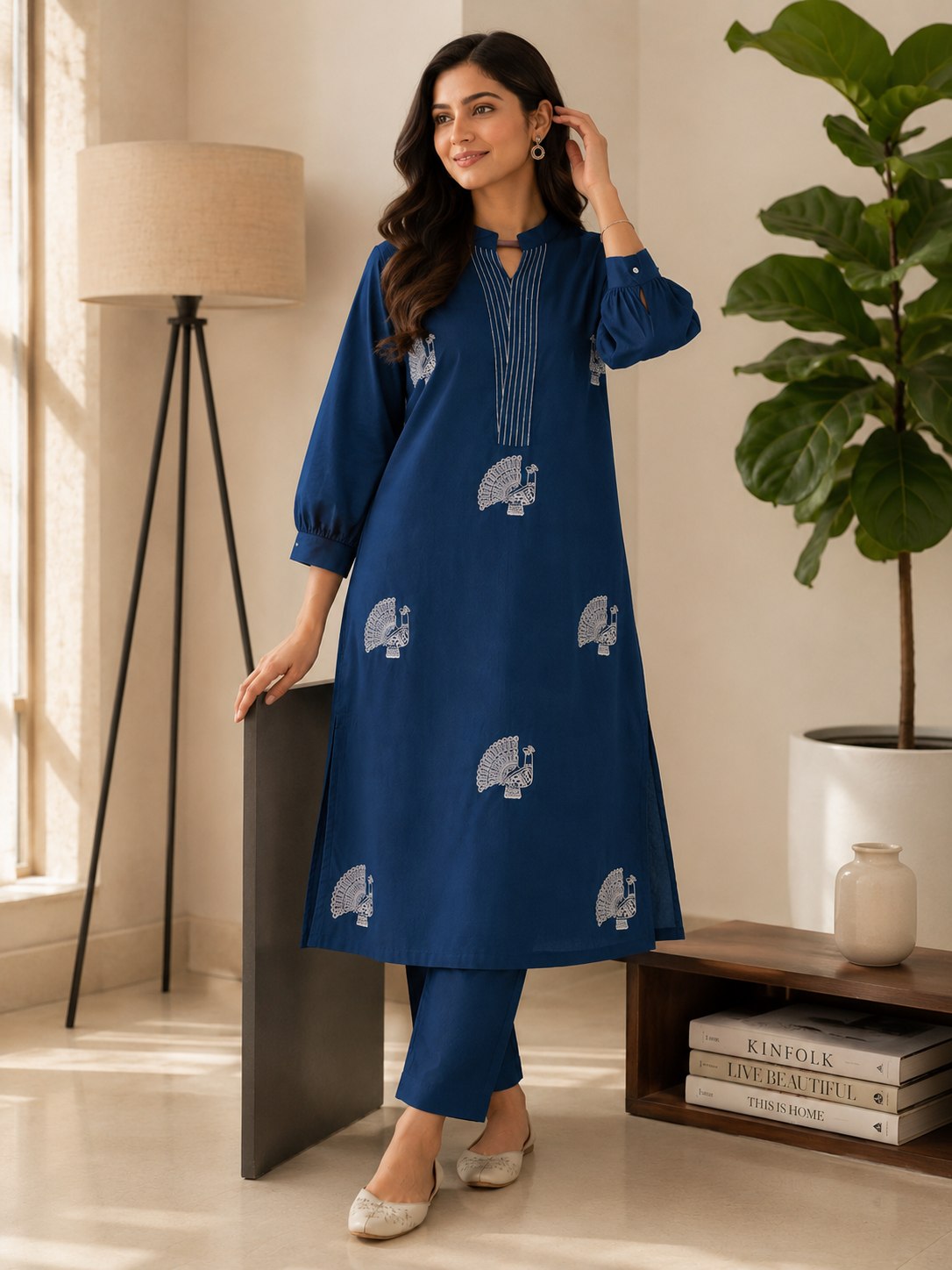 Royal Blue Peacock Print Straight Kurta Pant Set for Women