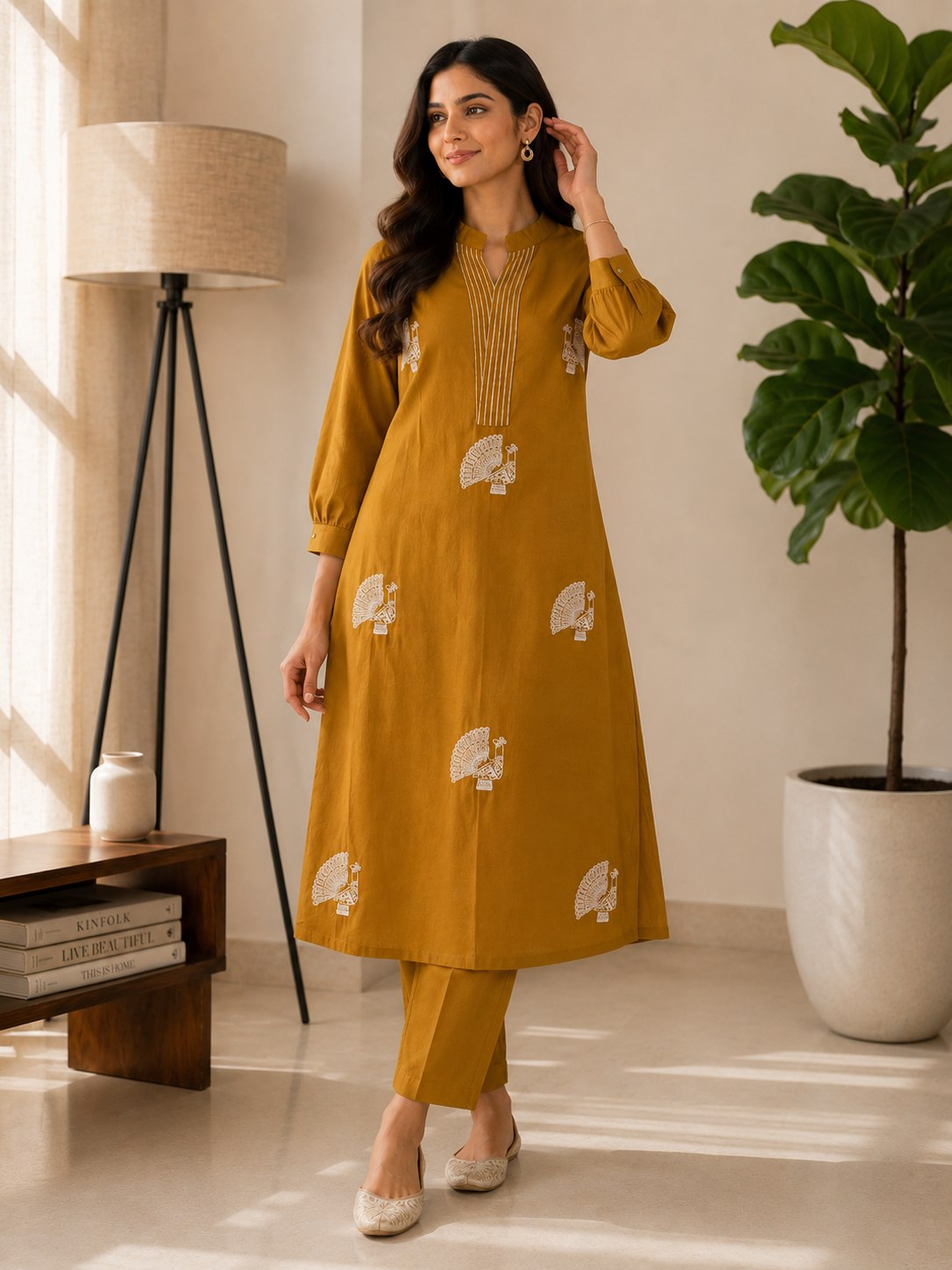 Mustard Yellow Peacock Print Straight Kurta Pant Set for Women