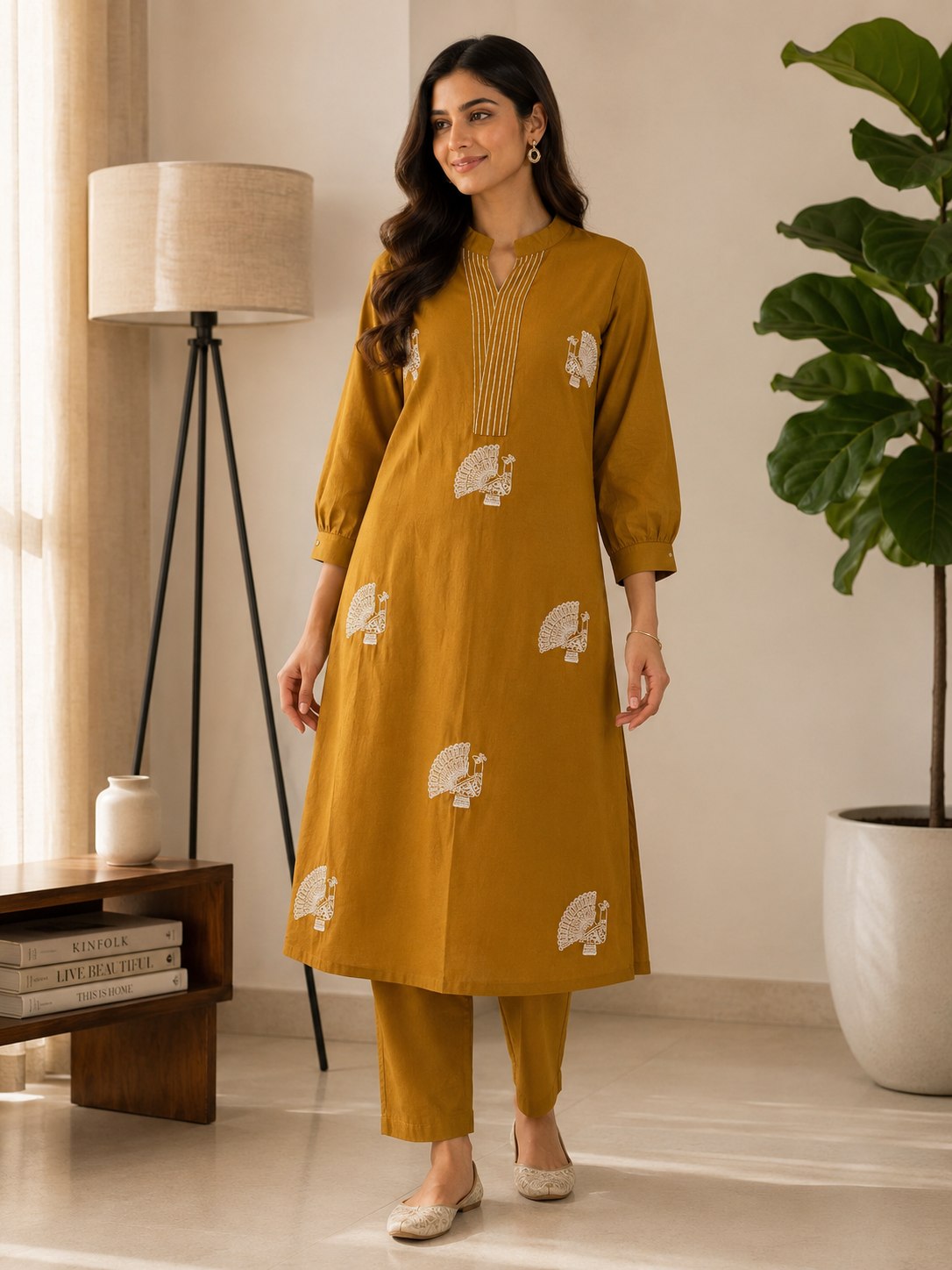 Mustard Yellow Peacock Print Straight Kurta Pant Set for Women