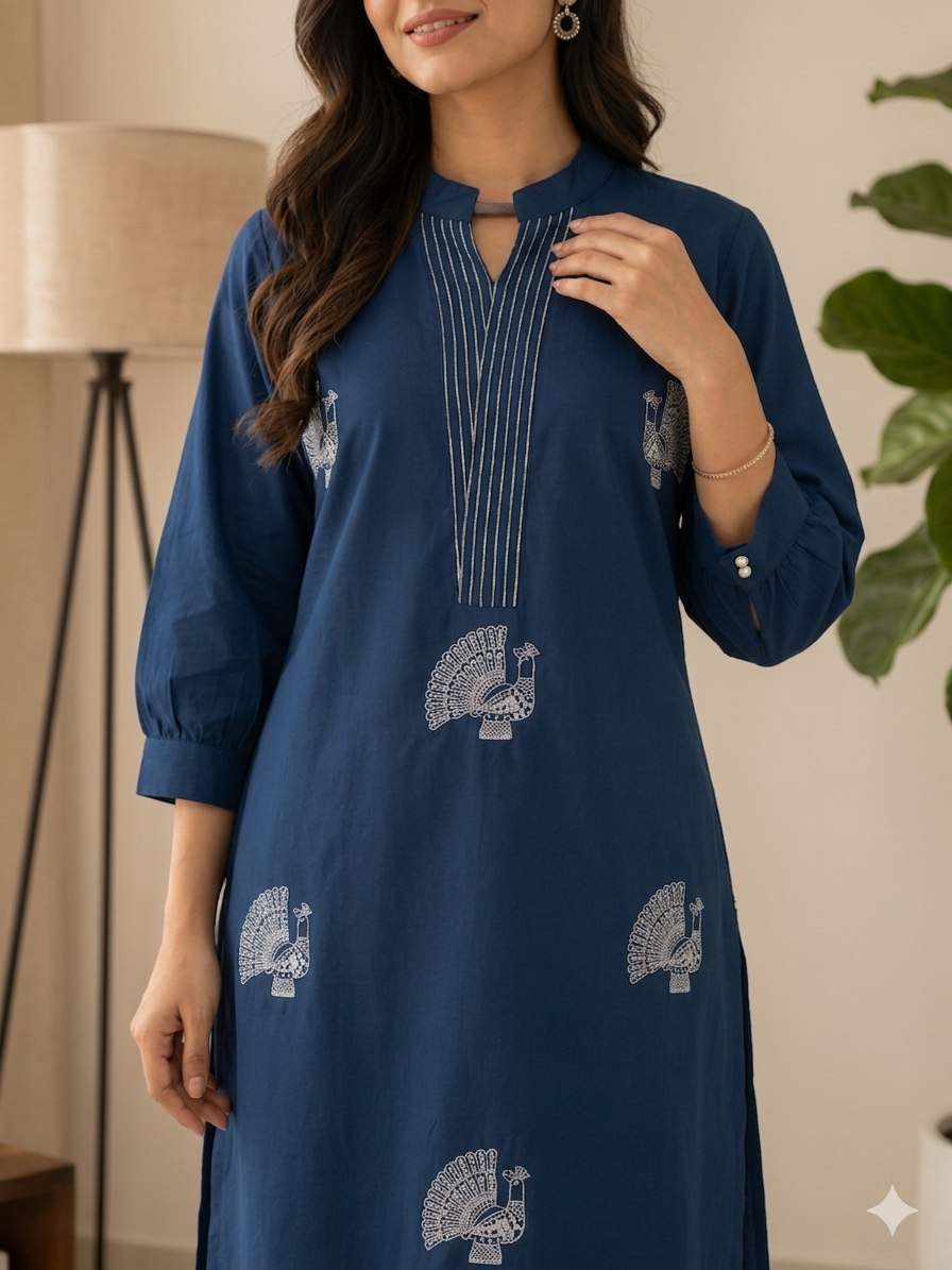 Royal Blue Peacock Print Straight Kurta Pant Set for Women