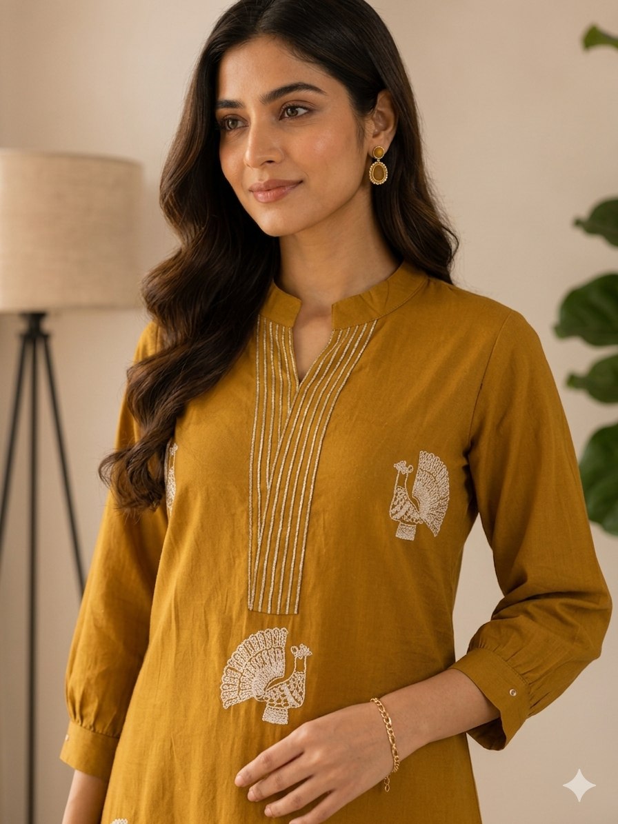 Mustard Yellow Peacock Print Straight Kurta Pant Set for Women