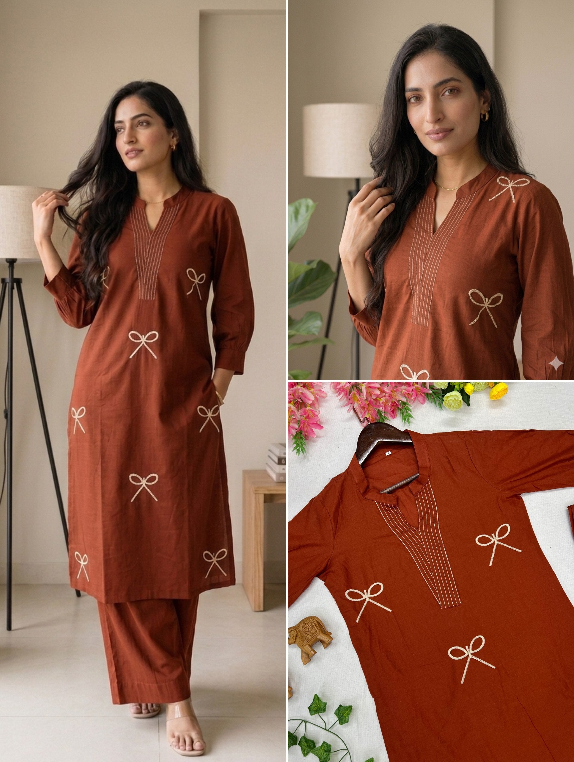 Rust Brown Bow Print Kurta Pant Set for Women