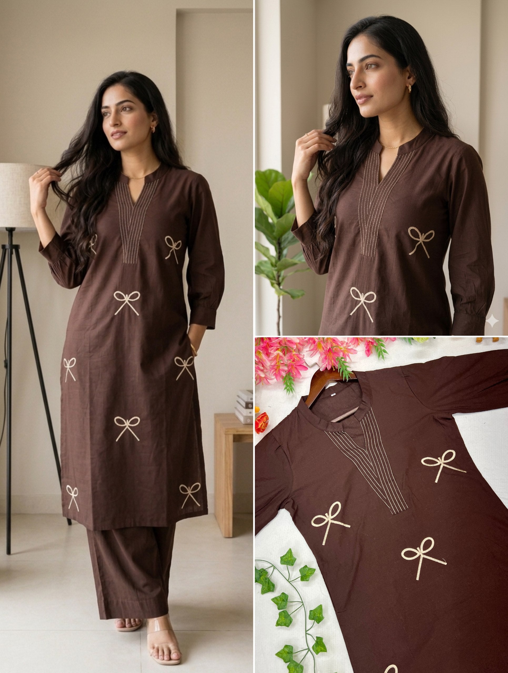 Elegant Coffee Brown Bow Print Kurta Pant Set for Women