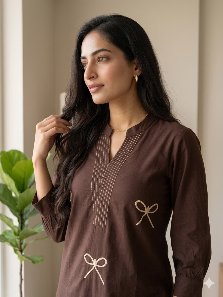 Elegant Coffee Brown Bow Print Kurta Pant Set for Women