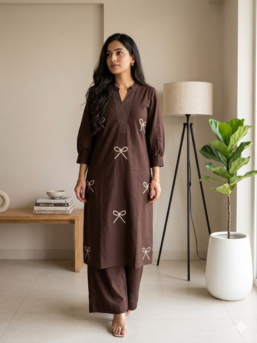 Elegant Coffee Brown Bow Print Kurta Pant Set for Women