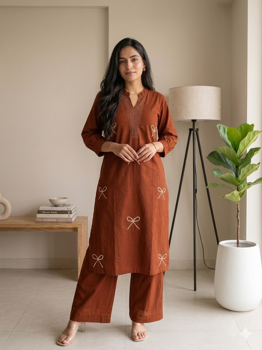Rust Brown Bow Print Kurta Pant Set for Women