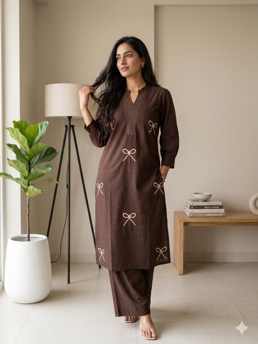 Elegant Coffee Brown Bow Print Kurta Pant Set for Women