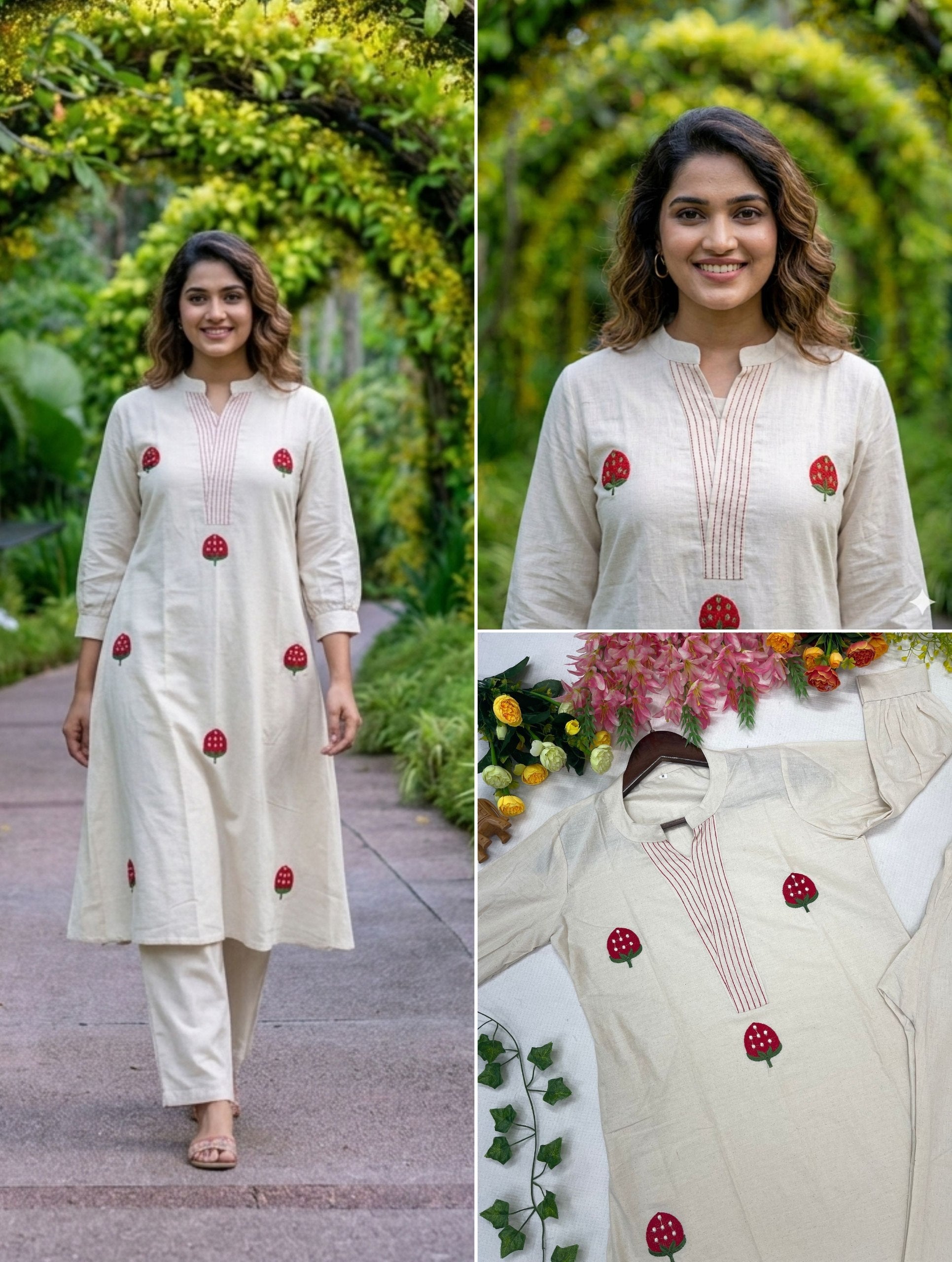 Elegant Off White Mushroom Print Kurta Pant Set for Women