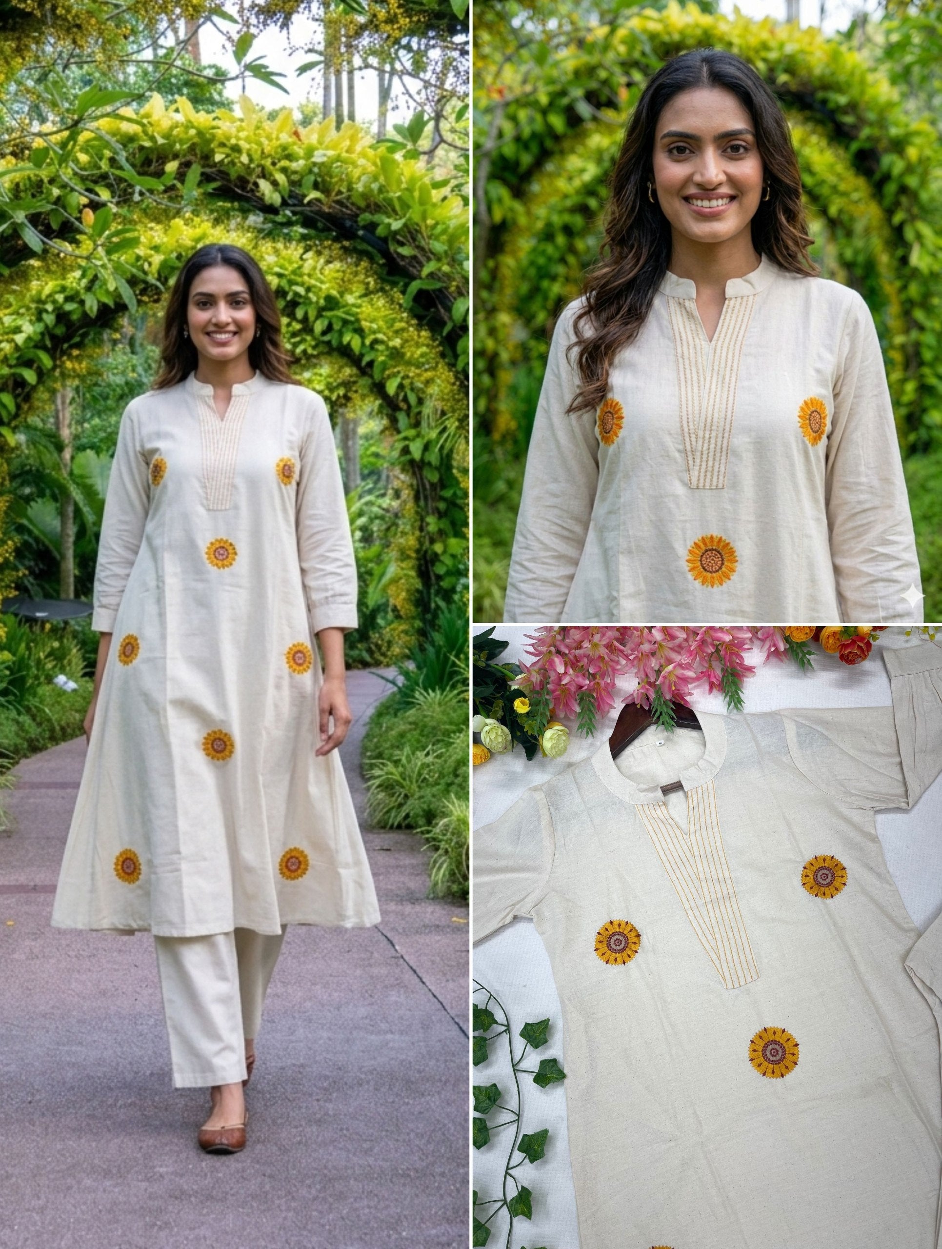 Elegant Off White Sunflower Print Kurta Pant Set for Women