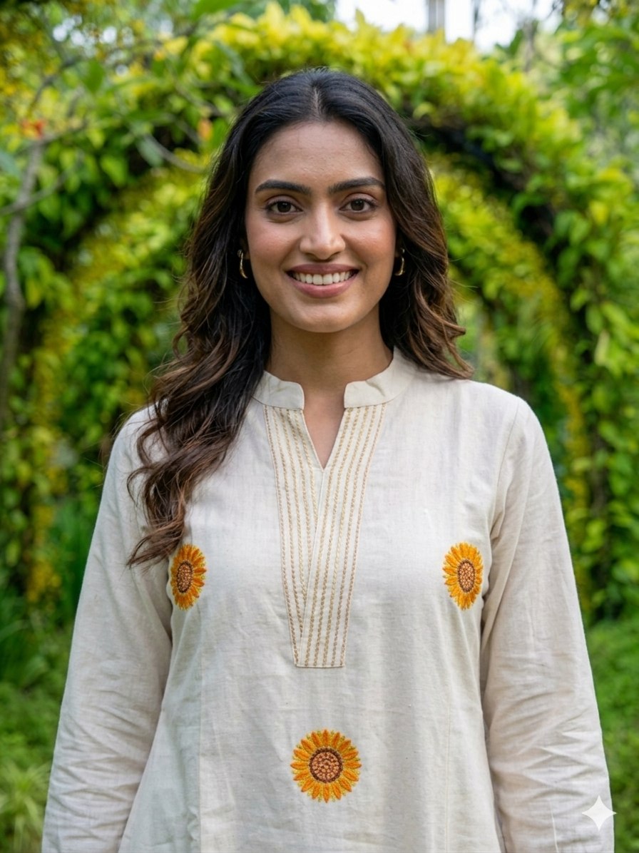 Elegant Off White Sunflower Print Kurta Pant Set for Women
