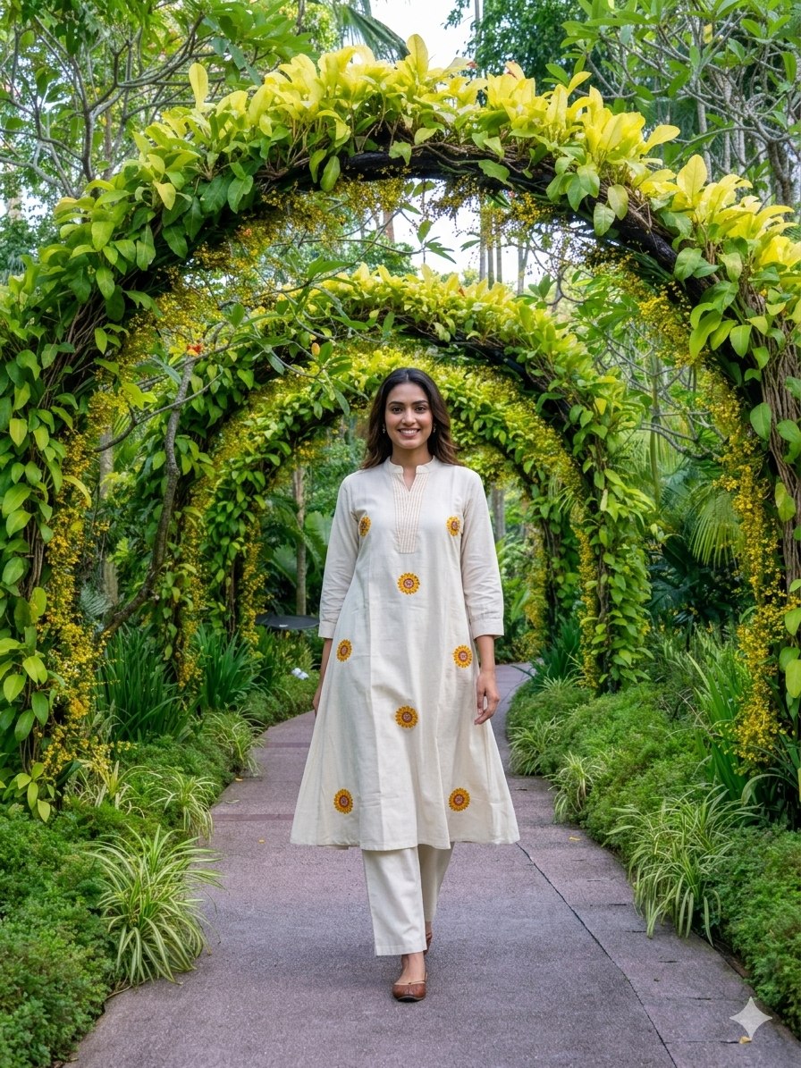 Elegant Off White Sunflower Print Kurta Pant Set for Women