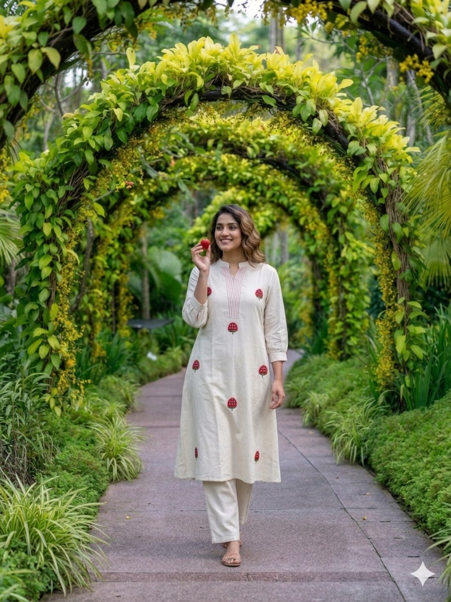 Elegant Off White Mushroom Print Kurta Pant Set for Women