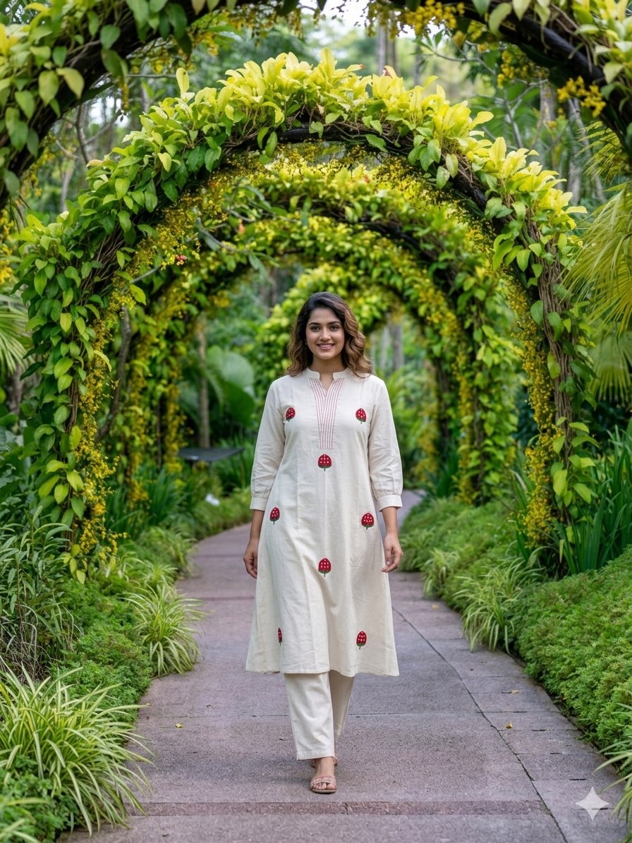 Elegant Off White Mushroom Print Kurta Pant Set for Women