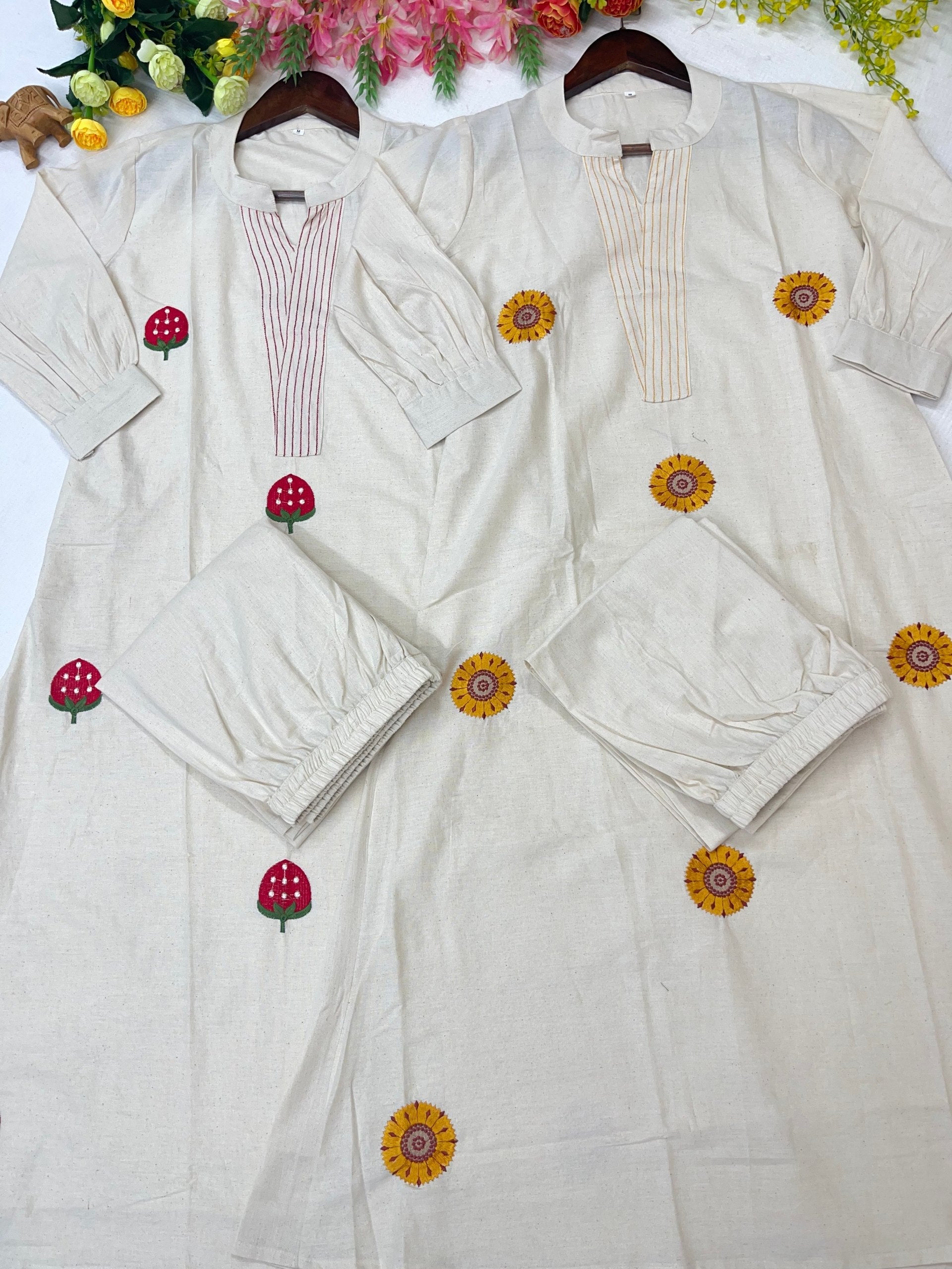 Elegant Off White Mushroom Print Kurta Pant Set for Women