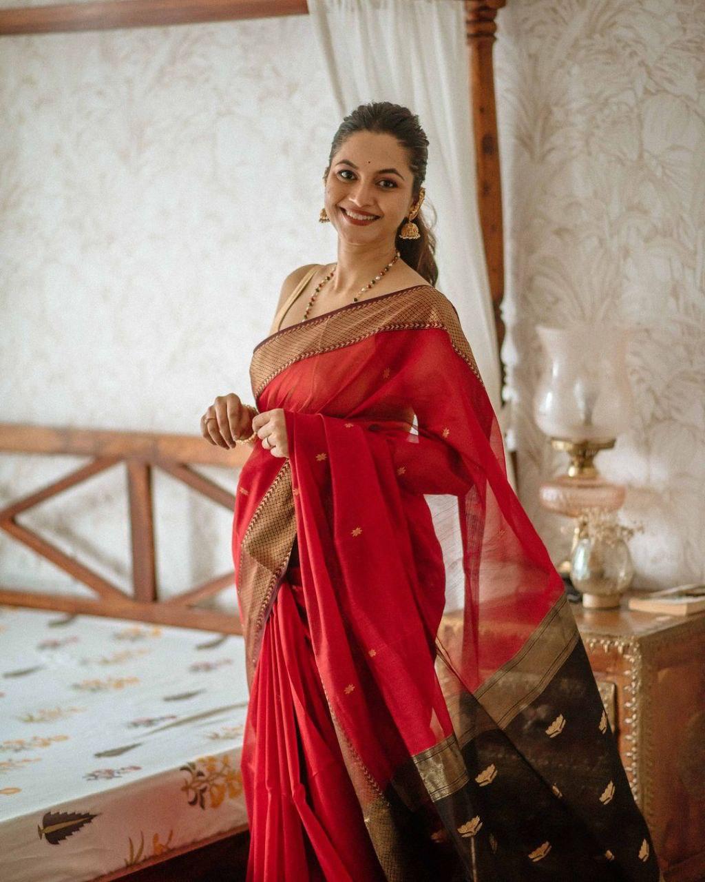 Women's Ruby Red Silk Saree with Golden Zari Border