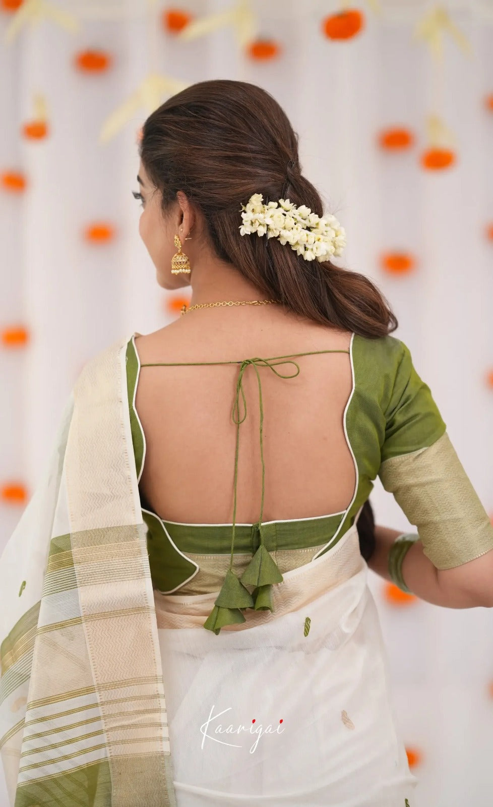 Women's White Saree with Olive Green Border