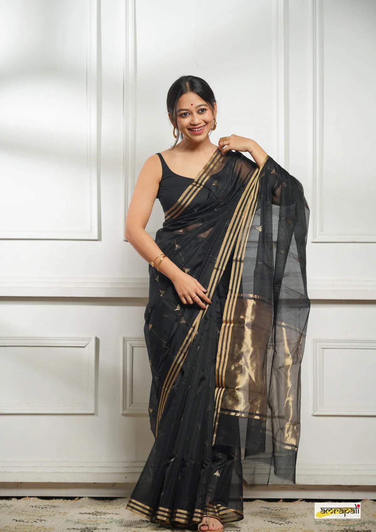 Women's Black Organza Saree with Golden Border