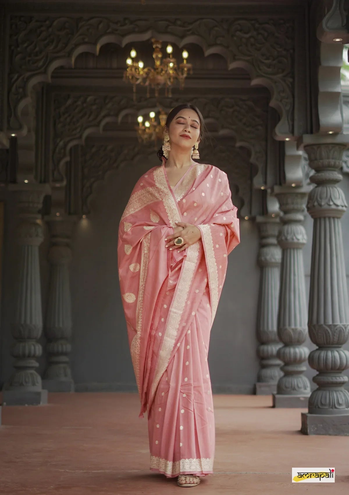 Women's Blush Pink Silk Saree with Golden Zari Border