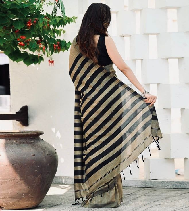Women's Elegant Olive Grey Saree with Black Striped Pallu