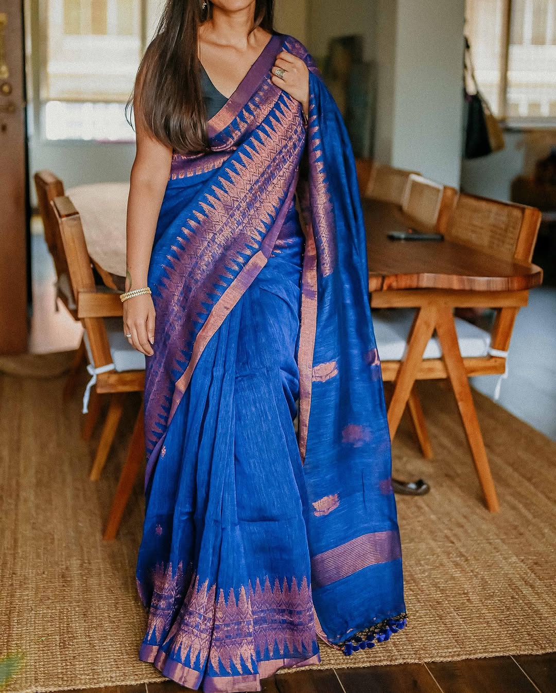 Women's Royal Blue Silk Saree with Copper Zari Border