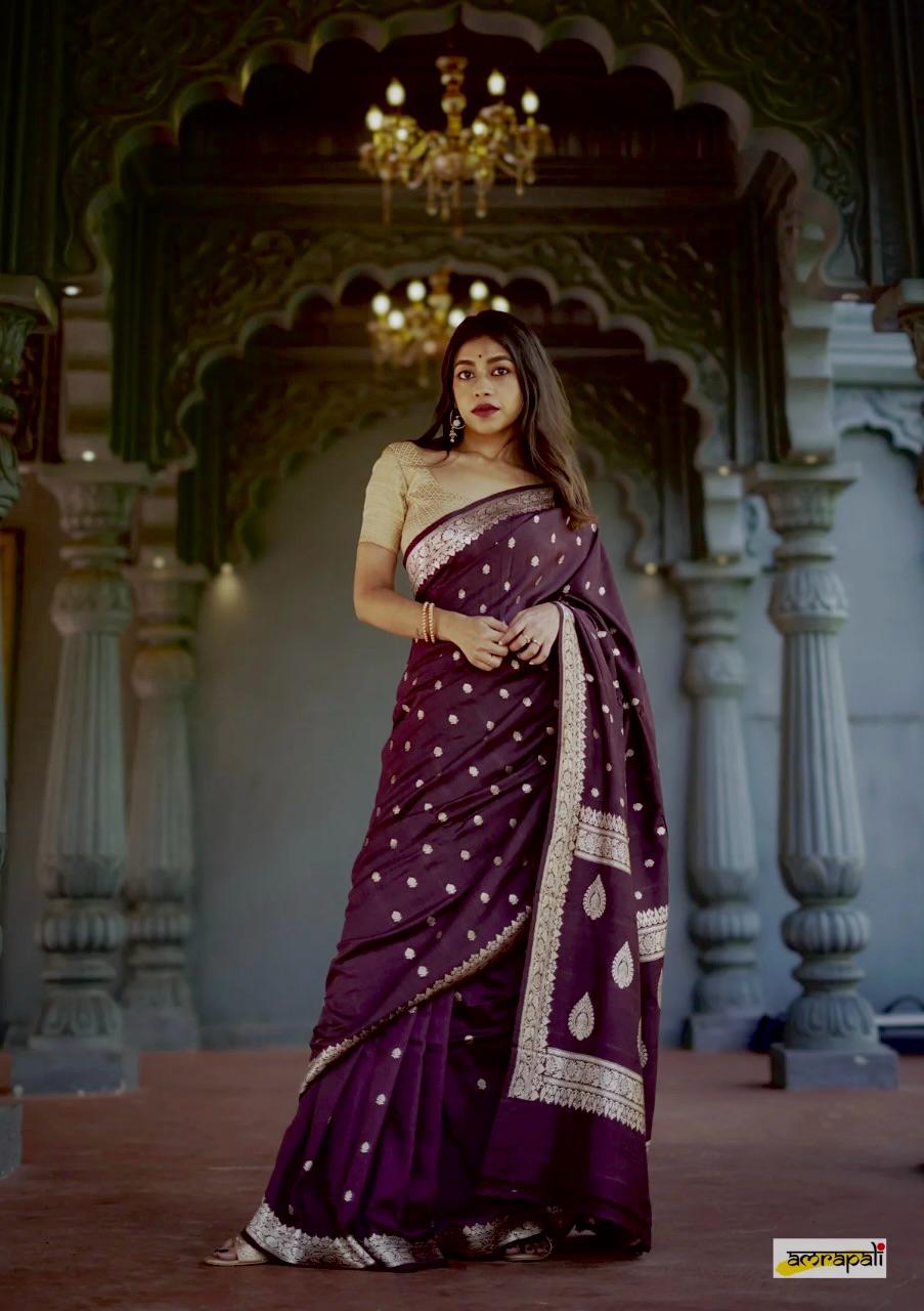 Women's Wine Silk Saree with Golden Zari Border