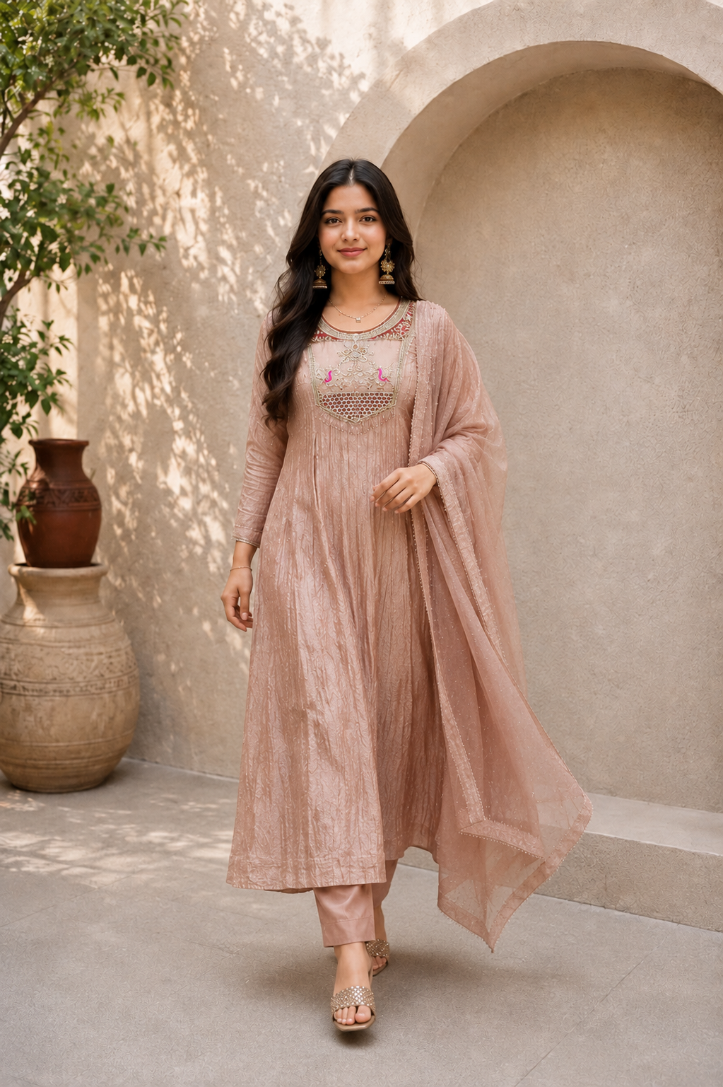 Premium Blush Pink Embroidered Anarkali Kurta Set with Dupatta