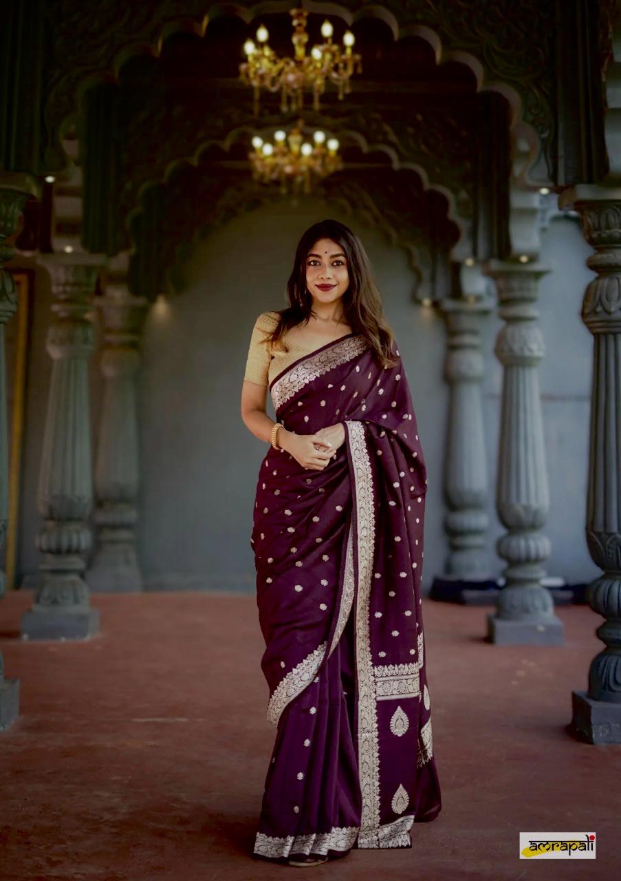 Women's Wine Silk Saree with Golden Zari Border