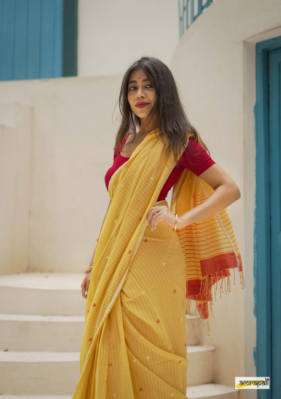 Women's Elegant Yellow Striped Saree with Contrast Red Blouse