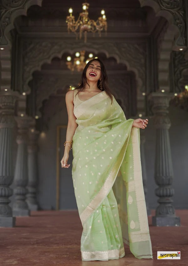 Women's  Light Green Silk Saree with Golden Zari Border