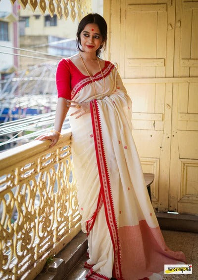 Women's White Saree with Red Embroidered Border