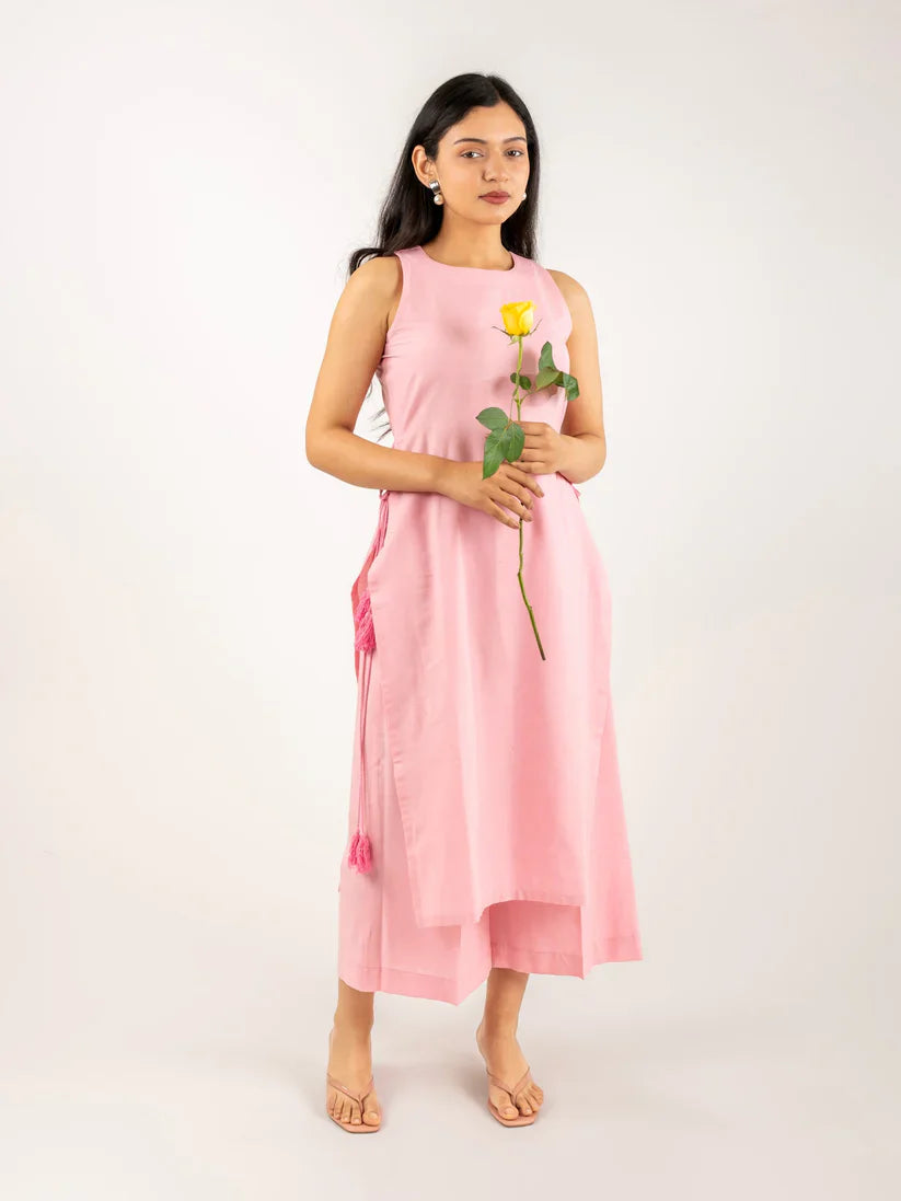 Blush  Ivory Sleeveless Asymmetric Kurta Set with Tassel Tie-Up
